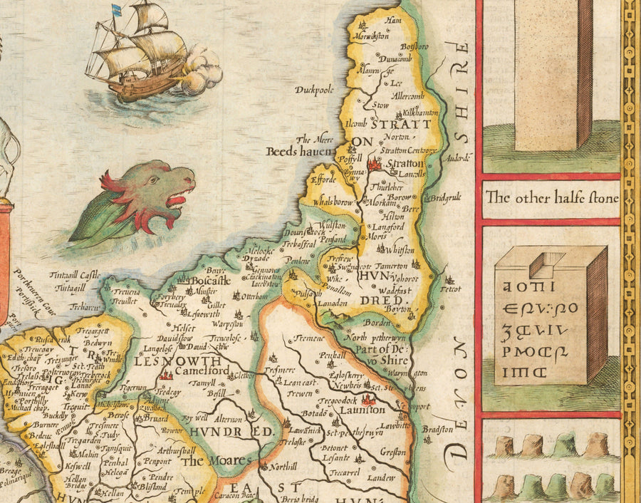 Ancienne carte de Cornwall, 1611 par John Speed ​​- Falmouth, Redruth, St Austell, Truro, Penzance