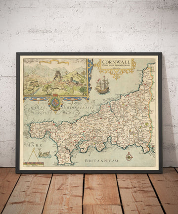 Old Map of Cornwall in 1576 by Christopher Saxton - Penzance, St Ives, Plymouth, Lands End, Padstow, St Michael&