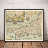 Ancienne carte de Cornwall en 1576 par Christopher Saxton - Penzance, St Ives, Plymouth, Lands Fin, Padstow, Saint Michel's Mont, Lézard