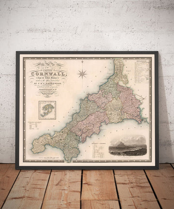 Viejo mapa de Cornwall y Scilly, 1829 de Greenwood & Co. - Penzance, St Ives, Plymouth, Tierres End, Padstow