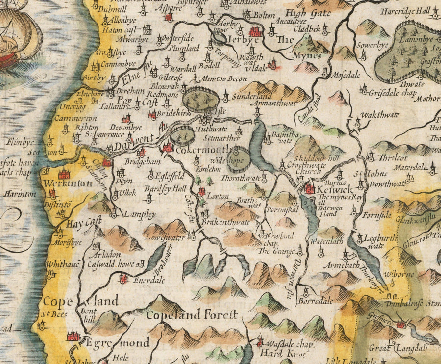 Ancienne carte de Cumbria, 1611 par John Speed ​​- Cumberland, Carlisle, Keswick, Lac District, Windermere