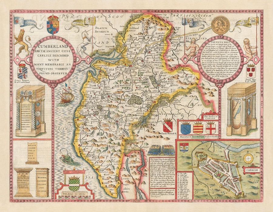 Ancienne carte de Cumbria, 1611 par John Speed ​​- Cumberland, Carlisle, Keswick, Lac District, Windermere