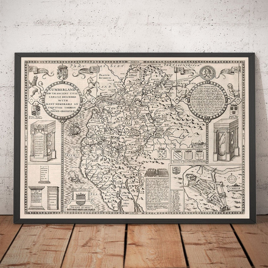 Ancienne carte de Cumbria, 1611 par John Speed ​​- Cumberland, Carlisle, Keswick, District de la lacière, Windermere, Picts & Mur de Hadrian