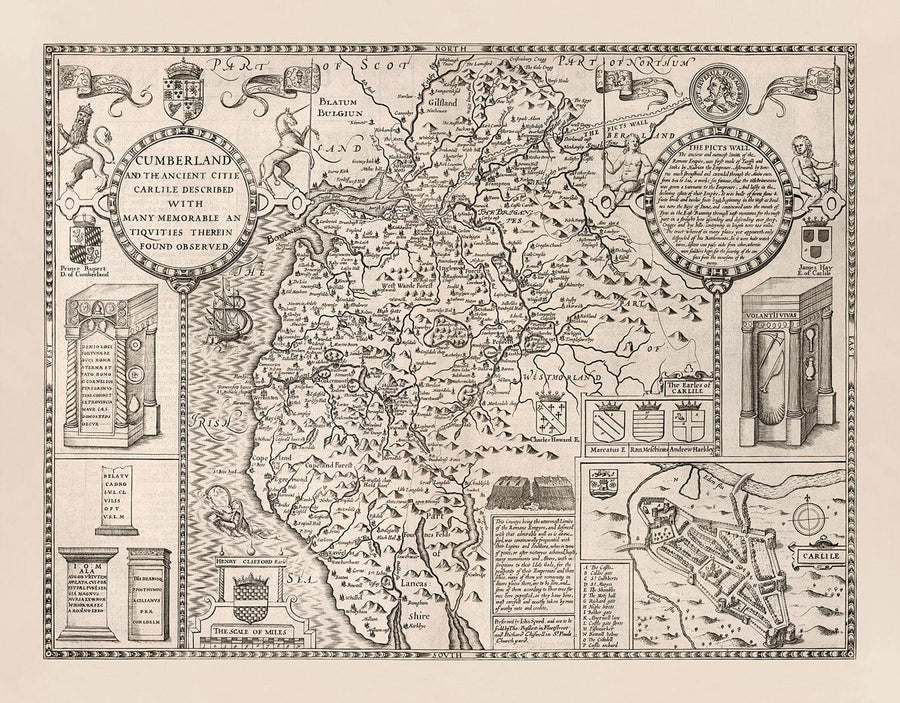 Ancienne carte de Cumbria, 1611 par John Speed ​​- Cumberland, Carlisle, Keswick, District de la lacière, Windermere, Picts & Mur de Hadrian