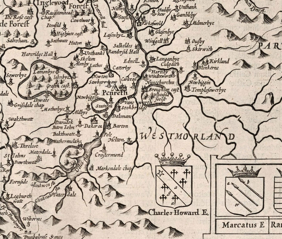 Ancienne carte de Cumbria, 1611 par John Speed ​​- Cumberland, Carlisle, Keswick, District de la lacière, Windermere, Picts & Mur de Hadrian