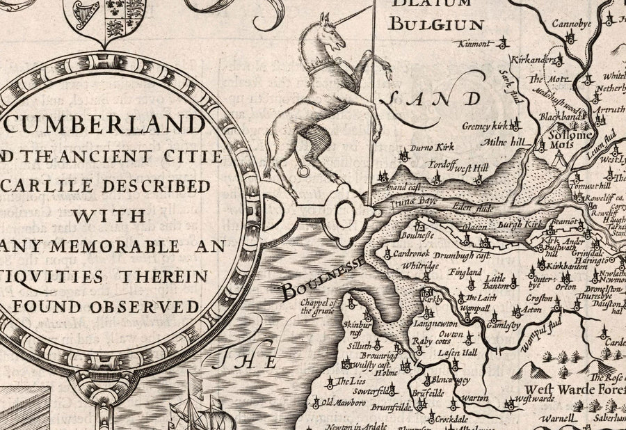 Ancienne carte de Cumbria, 1611 par John Speed ​​- Cumberland, Carlisle, Keswick, District de la lacière, Windermere, Picts & Mur de Hadrian