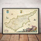 Old Map of Cyprus by Willem Blaeu, 1640 - Nicosia, Kyrenia, Famagusta, Limassol, Pafos, Larnaca