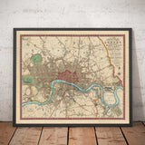 Alte Karte von London und Umgebung im Jahr 1822 von Thompson - Isle of Dogs, Bermondsey, Deptford, Covent Garden, Westminster 