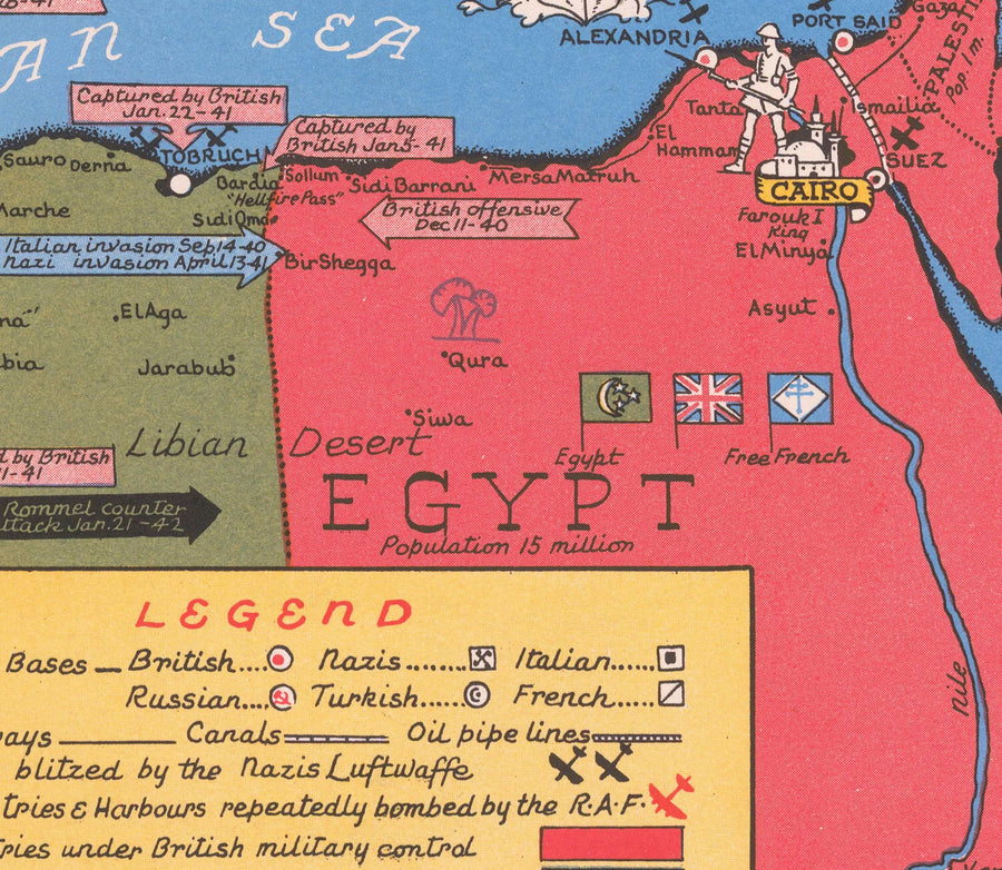 Alter Weltkrieg 2 Karte, 1942 von Stanley Turner - "Datierte Ereignisse" WW2 Geschichtsdiagramm 