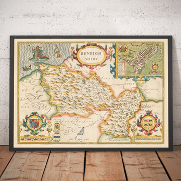 Alte Karte von Denbighshire Wales 1611 von John Speed - Denbigh, Wrexham, Llandudno, Abergele 