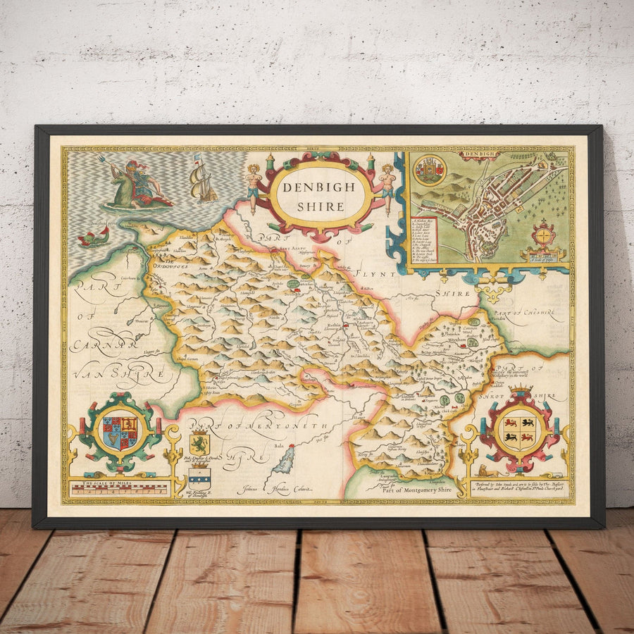 Ancienne Carte de Denbighshire Galles 1611 par John Speed ​​- Denbigh, Wrexham, Llandudno, Abergele