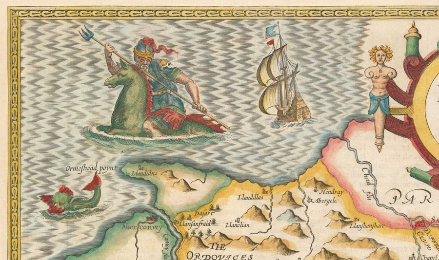 Ancienne Carte de Denbighshire Galles 1611 par John Speed ​​- Denbigh, Wrexham, Llandudno, Abergele