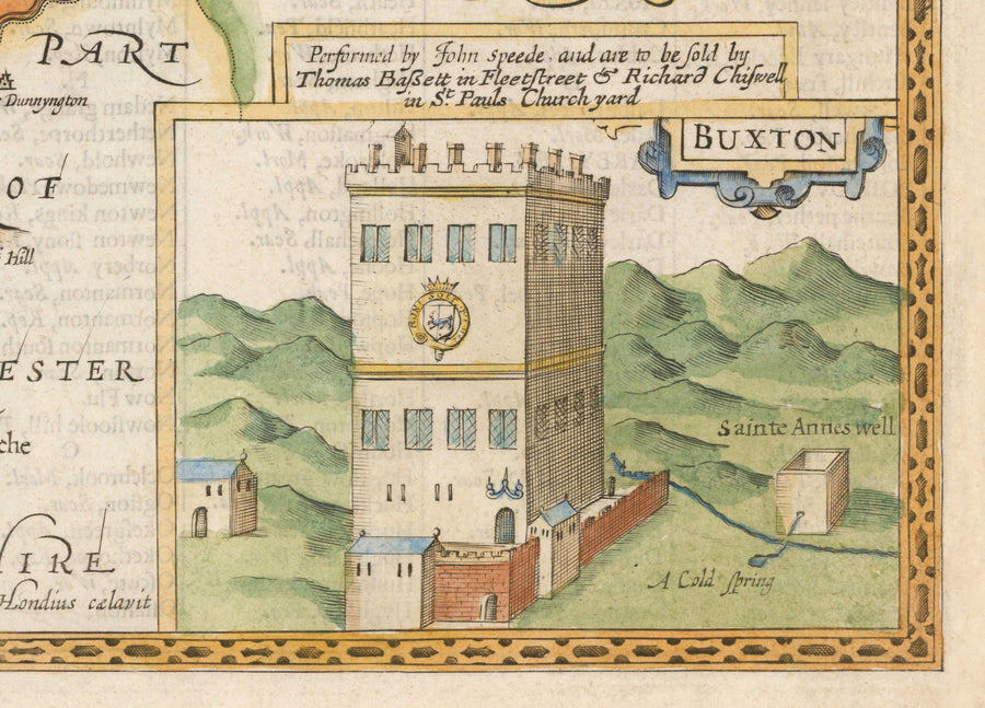 Ancienne carte de Derbyshire, 1611 par John Speed ​​- Derby, Chesterfield, Buxton, Peak District