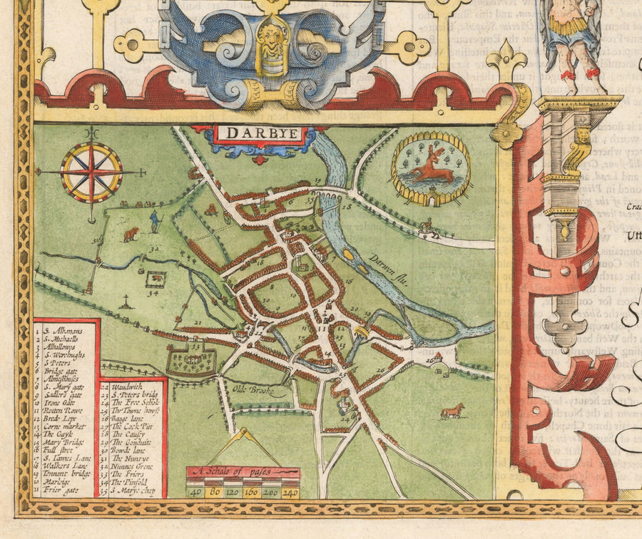 Ancienne carte de Derbyshire, 1611 par John Speed ​​- Derby, Chesterfield, Buxton, Peak District