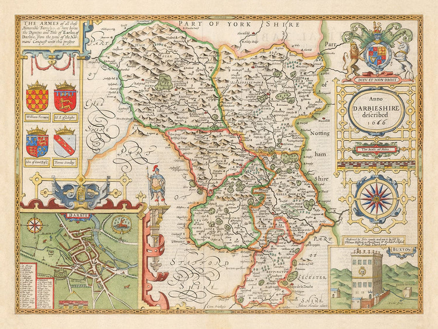 Ancienne carte de Derbyshire, 1611 par John Speed ​​- Derby, Chesterfield, Buxton, Peak District
