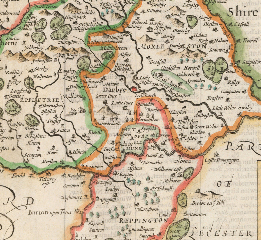 Ancienne carte de Derbyshire, 1611 par John Speed ​​- Derby, Chesterfield, Buxton, Peak District