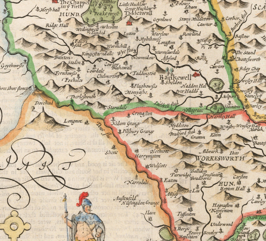 Ancienne carte de Derbyshire, 1611 par John Speed ​​- Derby, Chesterfield, Buxton, Peak District