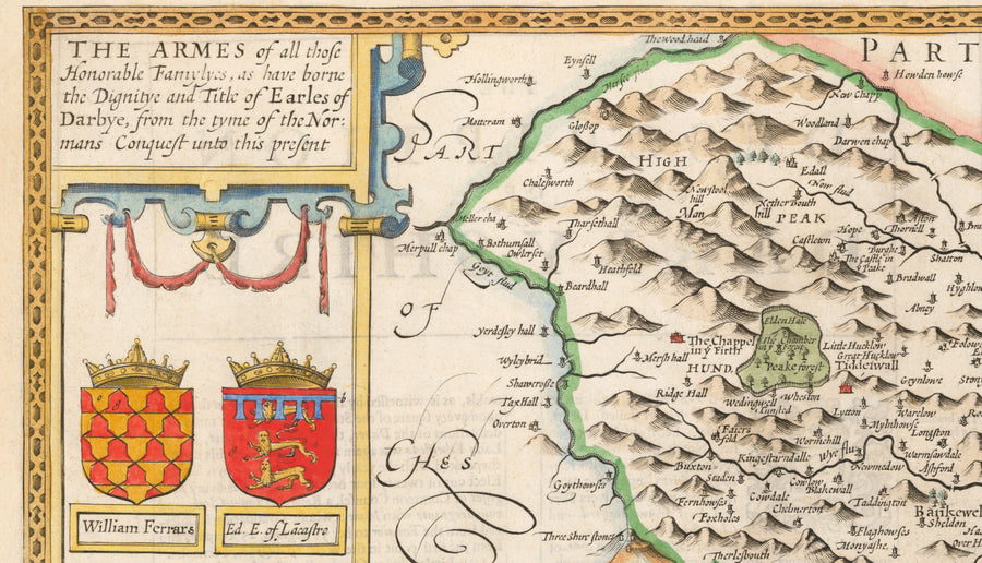 Ancienne carte de Derbyshire, 1611 par John Speed ​​- Derby, Chesterfield, Buxton, Peak District