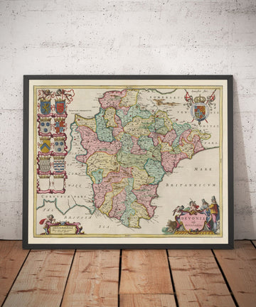 Mappa antica del Devon nel 1665 di Joan Blaeu - Plymouth, Exeter, Torquay, Paignton, Exmouth, Barnstaple, West Country 