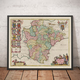 Old Map of Devon in 1665 by Joan Blaeu - Plymouth, Exeter, Torquay, Paignton, Exmouth, Barnstaple, West Country