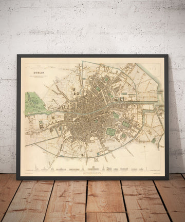 Viejo mapa de Dublín, Irlanda en 1836 por WB Clark - River Liffey, Leinster, County Dublin