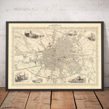 Viejo mapa de Dublín, Irlanda, 1851 por Tallis & Rapkin - Central, Temple Bar, StoneyBatter, Docklands, Liffey, Leinster
