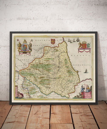 Ancienne Carte de County Durham, 1665 par Joan Blaaueu - Darlington, Stockton-On-Tees, Sunderland, Hartlepool, Newcastle, Gatlehead