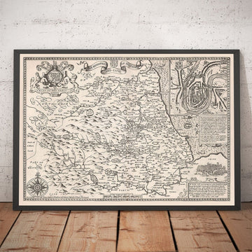 Alte monochrome Karte von County Durham, 1611 von John Speed - Darlington, Stockton-on-Tees, Sunderland, Newcastle 