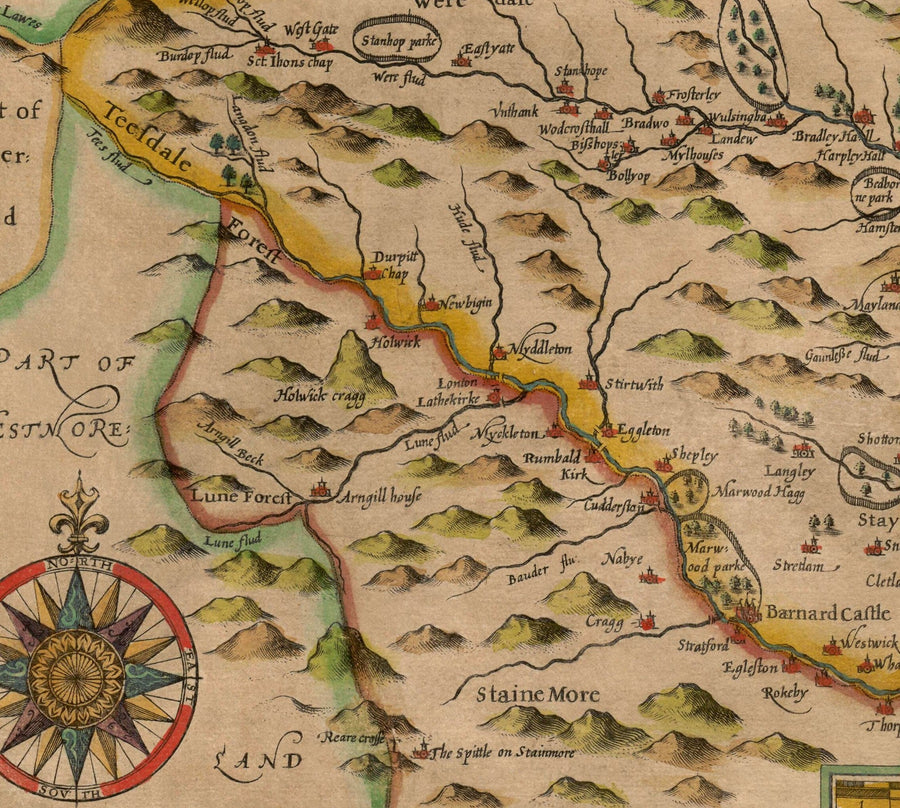 Ancienne carte du comté Durham, 1611 par John Speed ​​- Darlington, Stockton-On-Tees, Sunderland