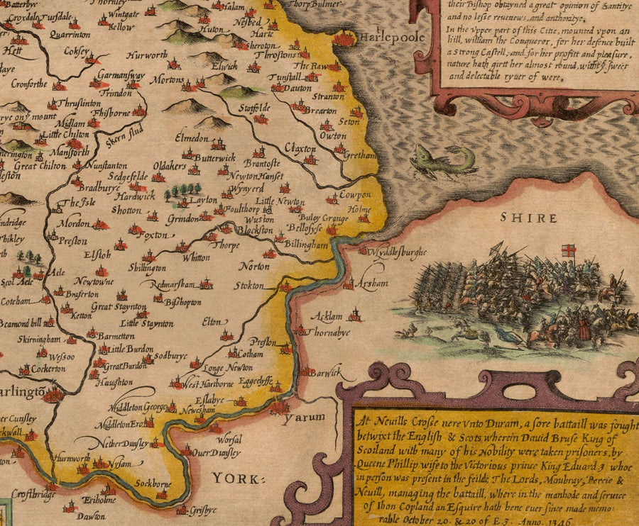 Ancienne carte du comté Durham, 1611 par John Speed ​​- Darlington, Stockton-On-Tees, Sunderland