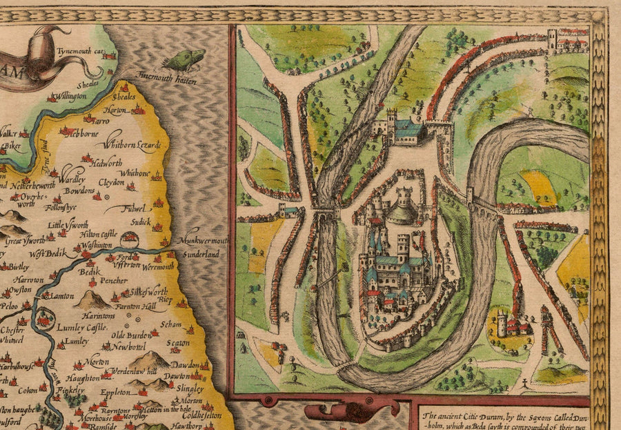 Ancienne carte du comté Durham, 1611 par John Speed ​​- Darlington, Stockton-On-Tees, Sunderland