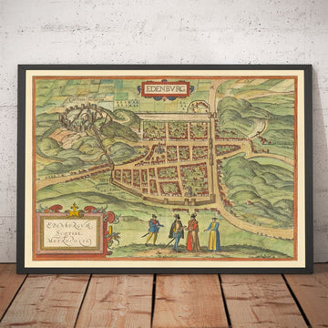 Mapa antiguo de Edimburgo, 1580 por Georg Braun - Castillo, Murallas de la ciudad, Catedral de San Giles, Ciudad Vieja