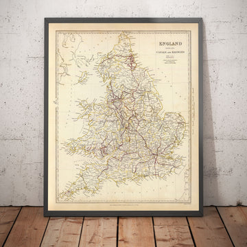 Alte Karte der Eisenbahnen und Kanäle in England und Wales von 1837 von SDUK - Transport, Eisenbahnen, Nationale Eisenbahn, Flüsse 