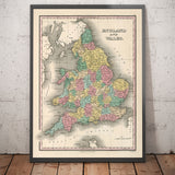 Ancienne carte des comtés d'Angleterre et du Pays de Galles, 1827 - Carte historique des comtés - Westmoreland, Sussex, Rutland