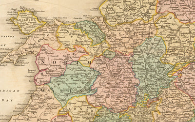 Mapa antiguo de Gran Bretaña, 1801 por Faden - Inglaterra, Gales, Escocia, Carreteras, Canales, Entrenador de correo