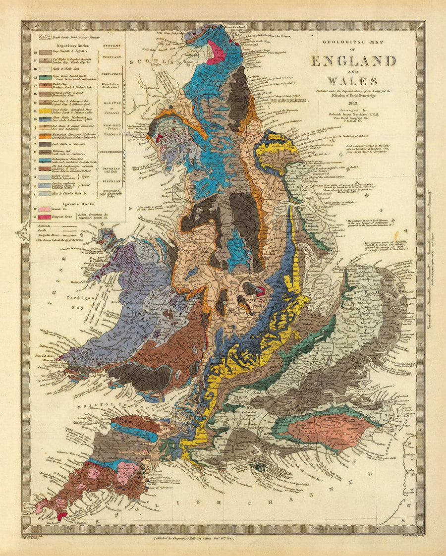 Alte geologische Karte von England & Wales von Roderick Impey Murchison, 1843 