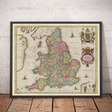 Old Map of England & Wales in 1665 by Joan Blaeu - Rare Chart With Ancient Counties