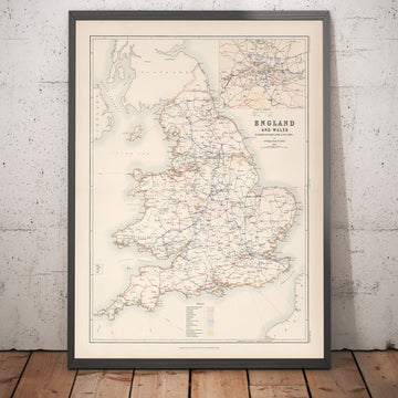 Alte Eisenbahnkarte von England und Wales im Jahr 1881 von AK Johnston - Great Western, Eastern, Northern, Midland, London & North Western 