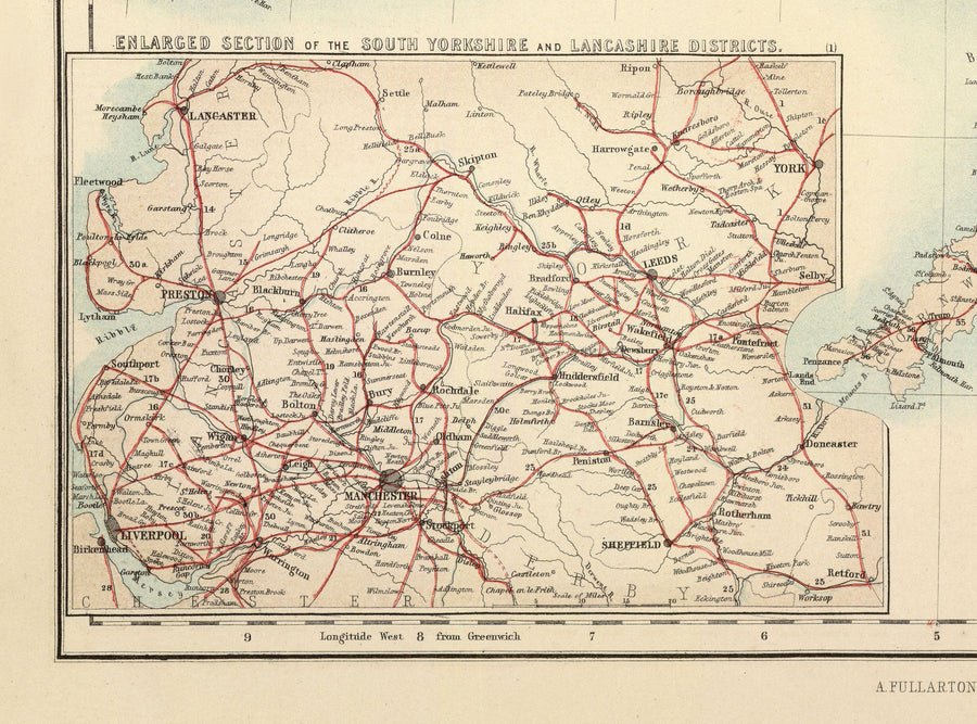 Alte Karte der Eisenbahnen & Kanäle der Britischen Inseln 1872 von Fullarton - Farbige Zugkarte von England, Irland, Schottland, Wales 