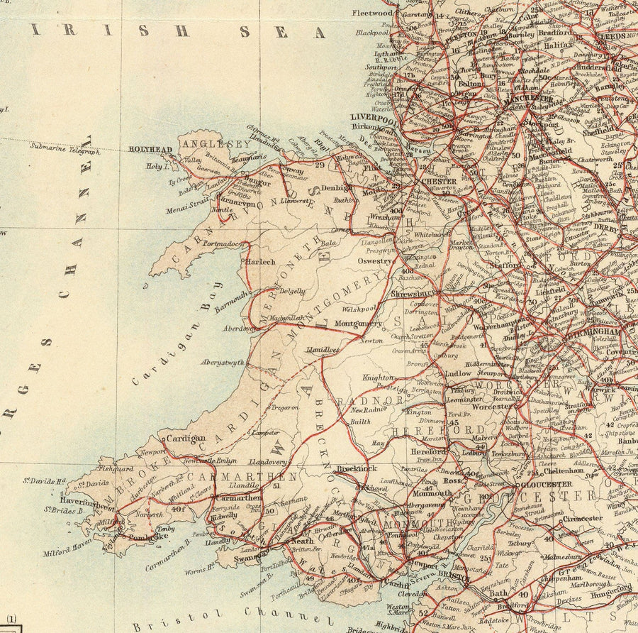 Alte Karte der Eisenbahnen & Kanäle der Britischen Inseln 1872 von Fullarton - Farbige Zugkarte von England, Irland, Schottland, Wales 