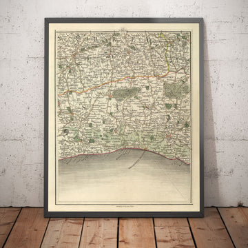 Antiguo mapa de Sussex y Surrey en 1794 por John Cary - Brighton, Dorking, Lewes, East Grinstead, Crawley
