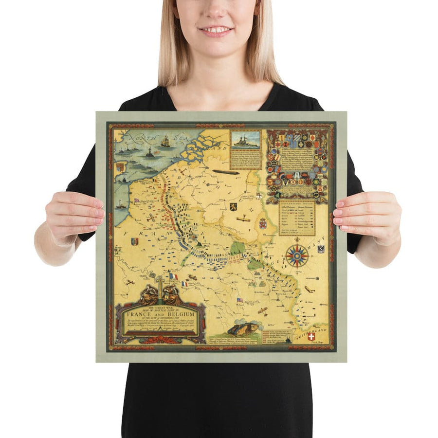 Alte Karte des Ersten Weltkriegs, WW1 - England, Frankreich, Deutschland, Belgien, Flandern Schlachtlinien 