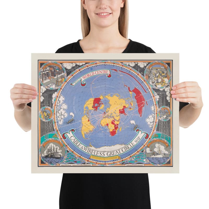 Ancienne carte du Grand Cercle de Cable & Wireless, 1945 par Max Gill - Carte du réseau sous-marin de l&