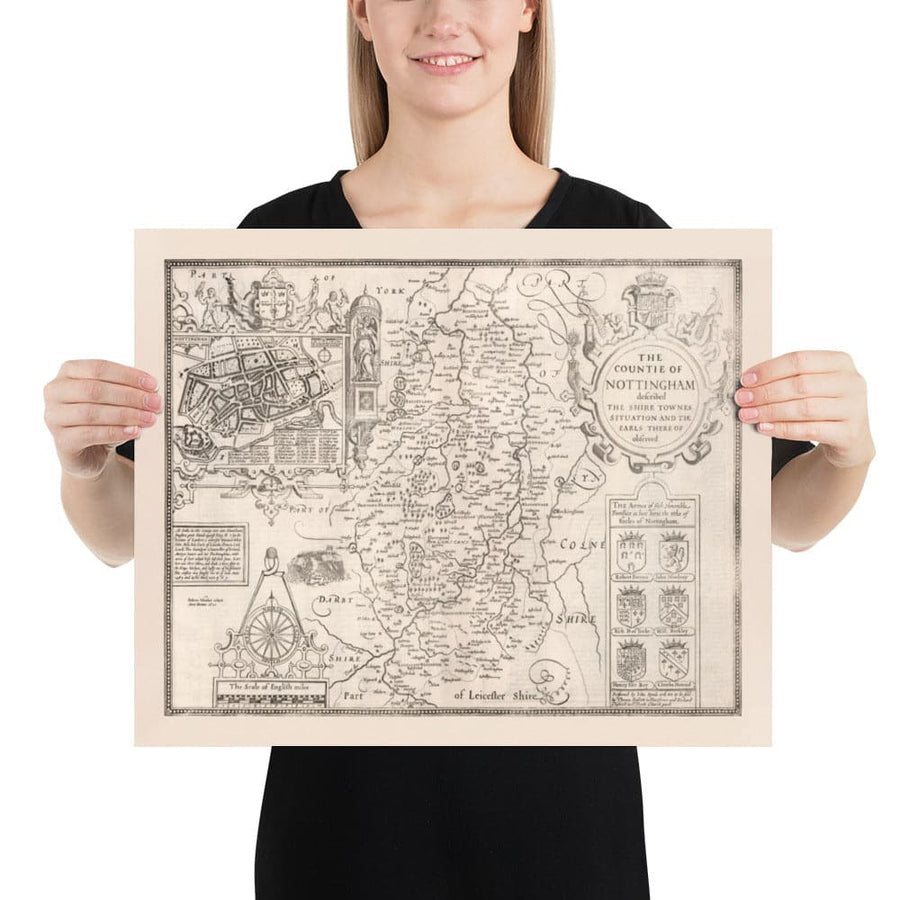 Alte Karte von Nottinghamshire, 1611 von John Speed - Nottingham, Mansfield, Newark, Worksop, Sherwood Forest 