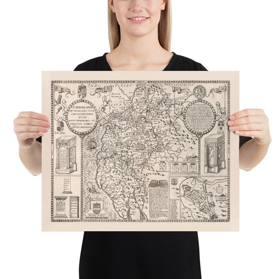 Ancienne carte de Cumbria, 1611 par John Speed ​​- Cumberland, Carlisle, Keswick, District de la lacière, Windermere, Picts & Mur de Hadrian