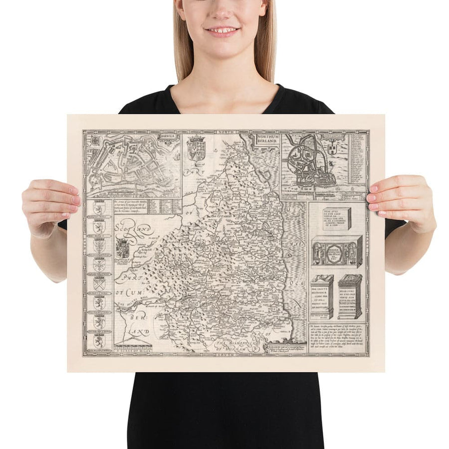 Ancienne carte de Northumberland en 1611 - Newcastle, Gateshead, Mur d&