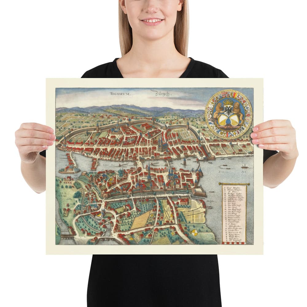 Ancienne Carte de Zurich, Suisse 1638 de Matthaus Merian - Lac Zurich, Rivière Limmat, Canaux, Murs de château, Masmes