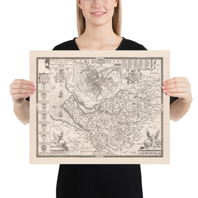 Mapa monocromático viejo de Cheshire en 1611 - Chester, Warrington, Crewe, RunCorn, Liverpool, Merseyside