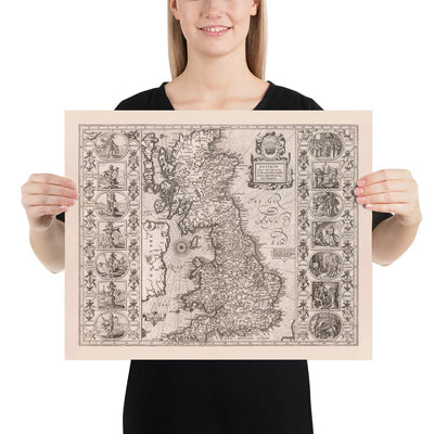 Viejo mapa vikinoso de Inglaterra, Gales y Escocia en 1611- Mapa de heptarquía anglosajón de Gran Bretaña