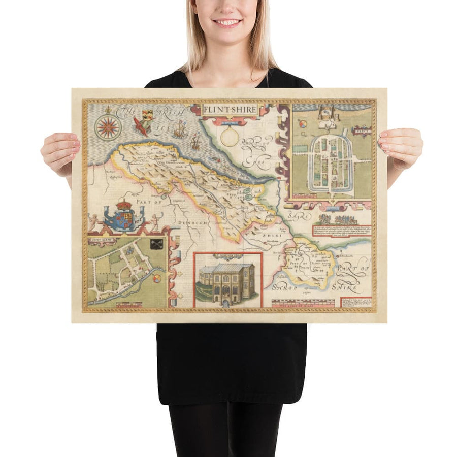 Ancienne carte de Flintshire Wales, 1611 par John Speed ​​- Flint, Molle, Chester, Wrexham